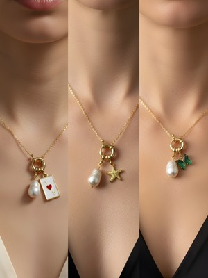 NKT Collection Zümrüt Yeşili Kelebek Deniz Yıldızı Kupa As Incili Kolye