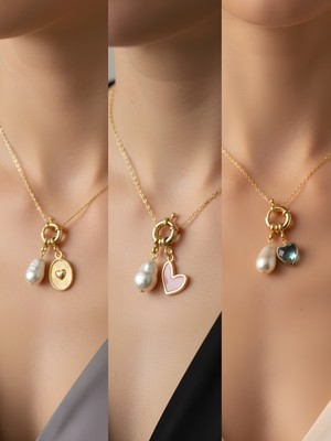 NKT Collection Turkuaz Kalp Kabartma Kalp Pembe Kalp Incili Kolye