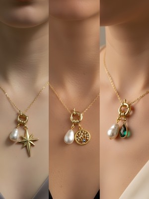 NKT Collection Zümrüt Yeşili Damla Hayat Ağacı Kutup Yıldızı Incili Kolye