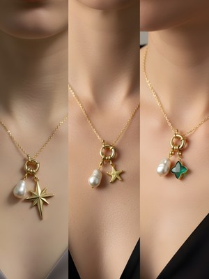 NKT Collection Zümrüt Yeşili Yıldız Deniz Yıldızı Kutup Yıldızı Incili Kolye