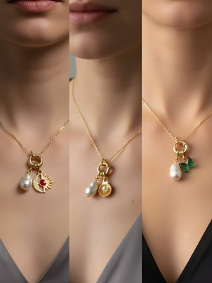 NKT Collection Zümrüt Yeşili Kelebek Midye Ay Güneş Incili Kolye