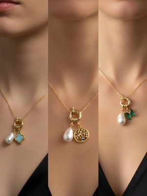 NKT Collection Zümrüt Yeşili Kelebek Hayat Ağacı Pembe Yonca Incili Kolye