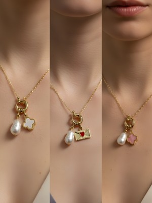 NKT Collection Pembe Yonca Ay Güneş Turkuaz Kalp Incili Kolye