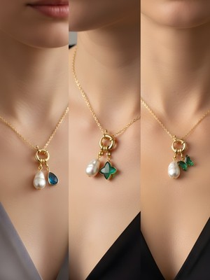 NKT Collection Zümrüt Yeşili Kelebek Turkuaz Damla Zümrüt Yeşili Yıldız Incili Kolye