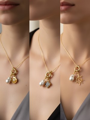 NKT Collection Güneş Siyah Yonca Midye Incili Kolye