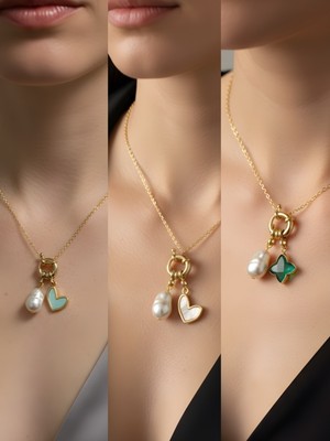 NKT Collection Zümrüt Yeşili Yıldız Beyaz Kalp Turkuaz Kalp Incili Kolye