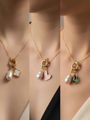 NKT Collection Zümrüt Yeşili Damla Pembe Kalp Beyaz Yonca Incili Kolye