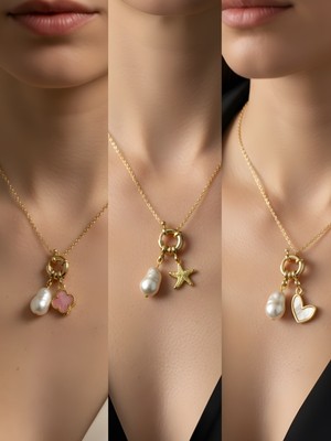 NKT Collection Beyaz Kalp Deniz Yıldızı Pembe Yonca Incili Kolye