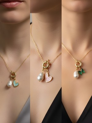 NKT Collection Zümrüt Yeşili Kelebek Pembe Kalp Kupa As Incili Kolye