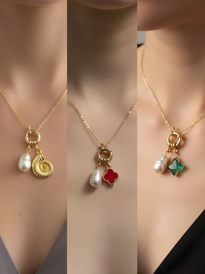 NKT Collection Zümrüt Yeşili Yıldız Deniz Kabuğu Kırmızı Yonca Incili Kolye