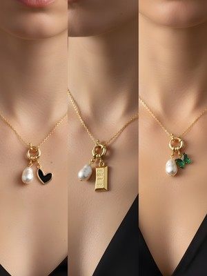 NKT Collection Zümrüt Yeşili Kelebek Siyah Kalp Kırmızı Yonca Incili Kolye