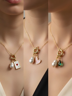 NKT Collection Zümrüt Yeşili Damla Pembe Kalp Kupa As Incili Kolye