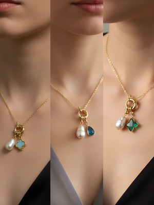 NKT Collection Turkuaz Damla Zümrüt Yeşili Yıldız Turkuaz Yonca Incili Kolye