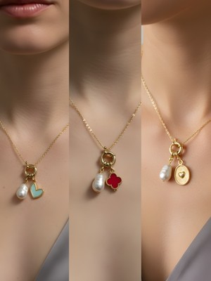 NKT Collection Kabartma Kalp Kırmızı Yonca Turkuaz Kalp Incili Kolye