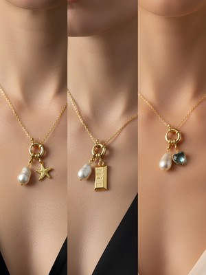 NKT Collection Turkuaz Kalp Külçe Altın Deniz Yıldızı Incili Kolye