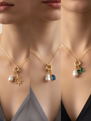 NKT Collection Zümrüt Yeşili Kelebek Turkuaz Damla Güneş Incili Kolye