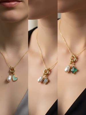 NKT Collection Zümrüt Yeşili Yıldız Siyah Yonca Turkuaz Kalp Incili Kolye