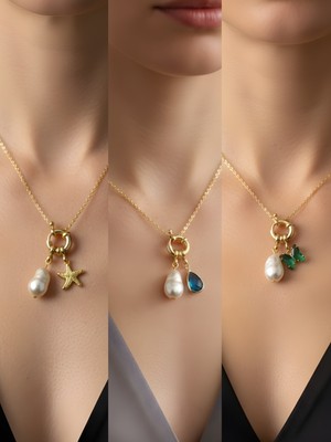 NKT Collection Zümrüt Yeşili Kelebek Turkuaz Damla Deniz Yıldızı Incili Kolye