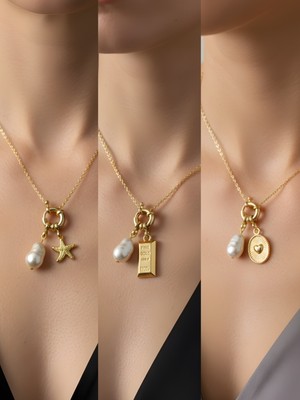 NKT Collection Kabartma Kalp Külçe Altın Deniz Yıldızı Incili Kolye