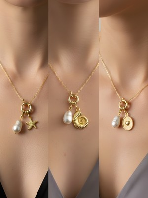NKT Collection Kabartma Kalp Deniz Kabuğu Deniz Yıldızı Incili Kolye