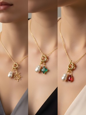 NKT Collection Kırmızı Damla Zümrüt Yeşili Yıldız Güneş Incili Kolye