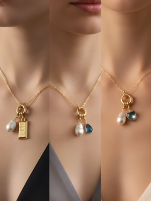 NKT Collection Turkuaz Kalp Turkuaz Damla Kaktüs Incili Kolye