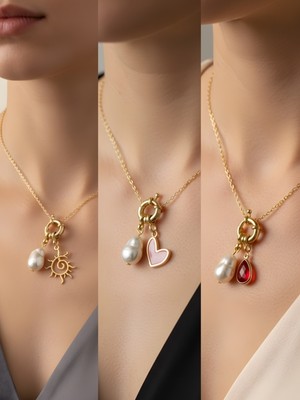 NKT Collection Kırmızı Damla Güneş Pembe Kalp Incili Kolye