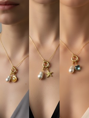 NKT Collection Turkuaz Kalp Deniz Yıldızı Midye Incili Kolye