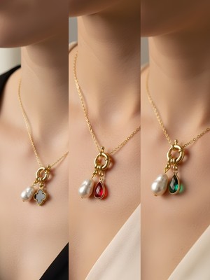 NKT Collection Kırmızı Damla Zümrüt Yeşili Damla Siyah Yonca Incili Kolye