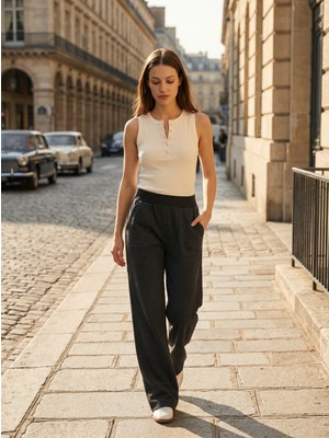 Amia&Co. Antrasit Beli Lastik Detaylı Basic Eşofman Altı