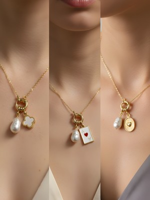 NKT Collection Pembe Kalp Deniz Kabuğu Siyah Kalp Incili Kolye