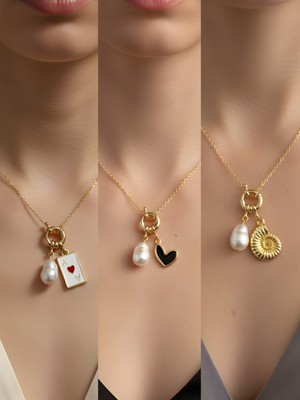 NKT Collection Deniz Kabuğu Siyah Kalp Beyaz Yonca Incili Kolye