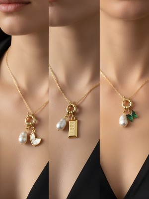 NKT Collection Zümrüt Yeşili Kelebek Beyaz Kalp Kırmızı Yonca Incili Kolye