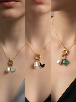 NKT Collection Zümrüt Yeşili Yıldız Siyah Kalp Turkuaz Kalp Incili Kolye