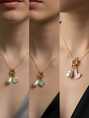 NKT Collection Pembe Kalp Turkuaz Yonca Kupa As Incili Kolye