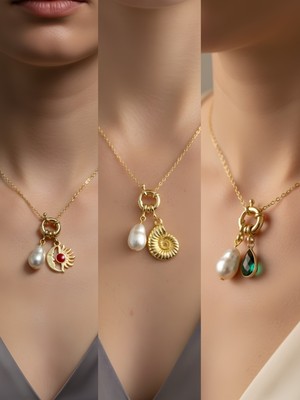 NKT Collection Zümrüt Yeşili Damla Deniz Kabuğu Ay Güneş Incili Kolye