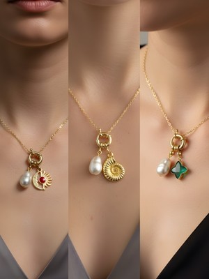 NKT Collection Zümrüt Yeşili Yıldız Deniz Kabuğu Ay Güneş Incili Kolye