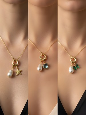 NKT Collection Turkuaz Kalp Zümrüt Yeşili Kelebek Siyah Yonca Incili Kolye