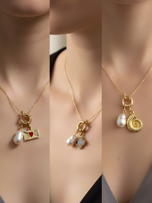 NKT Collection Deniz Kabuğu Siyah Yonca Ay Güneş Incili Kolye