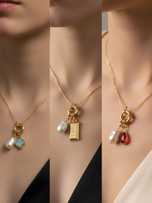 NKT Collection Kırmızı Damla Külçe Altın Turkuaz Yonca Incili Kolye