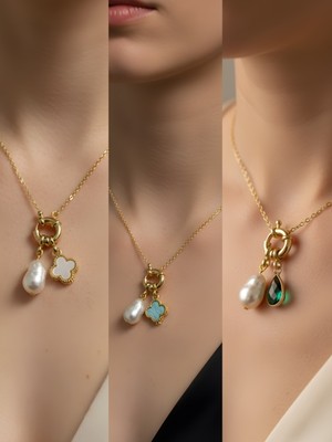 NKT Collection Zümrüt Yeşili Damla Turkuaz Yonca Beyaz Yonca Incili Kolye