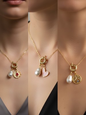 NKT Collection Hayat Ağacı Pembe Kalp Ay Güneş Incili Kolye