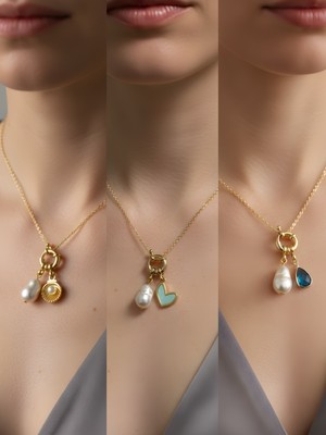 NKT Collection Turkuaz Damla Midye Turkuaz Kalp Incili Kolye