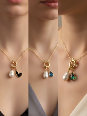 NKT Collection Zümrüt Yeşili Damla Turkuaz Damla Siyah Kalp Incili Kolye