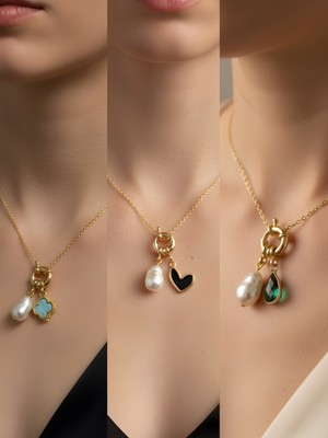 NKT Collection Zümrüt Yeşili Damla Siyah Kalp Turkuaz Yonca Incili Kolye