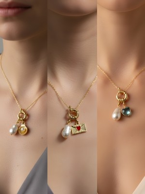 NKT Collection Turkuaz Kalp Midye Kalpli Zarf Incili Kolye