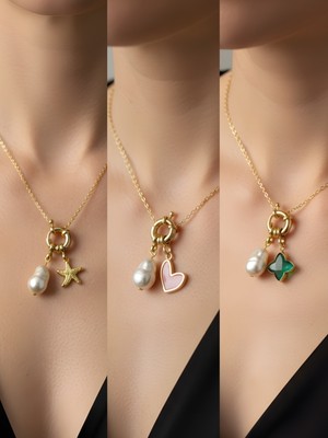 NKT Collection Zümrüt Yeşili Yıldız Pembe Kalp Deniz Yıldızı Incili Kolye