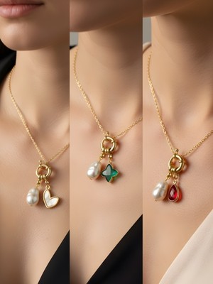 NKT Collection Kırmızı Damla Zümrüt Yeşili Yıldız Beyaz Kalp Incili Kolye