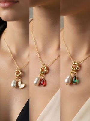 NKT Collection Kırmızı Damla Zümrüt Yeşili Damla Beyaz Kalp Incili Kolye