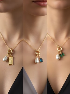 NKT Collection Zümrüt Yeşili Kelebek Turkuaz Damla Külçe Altın Incili Kolye